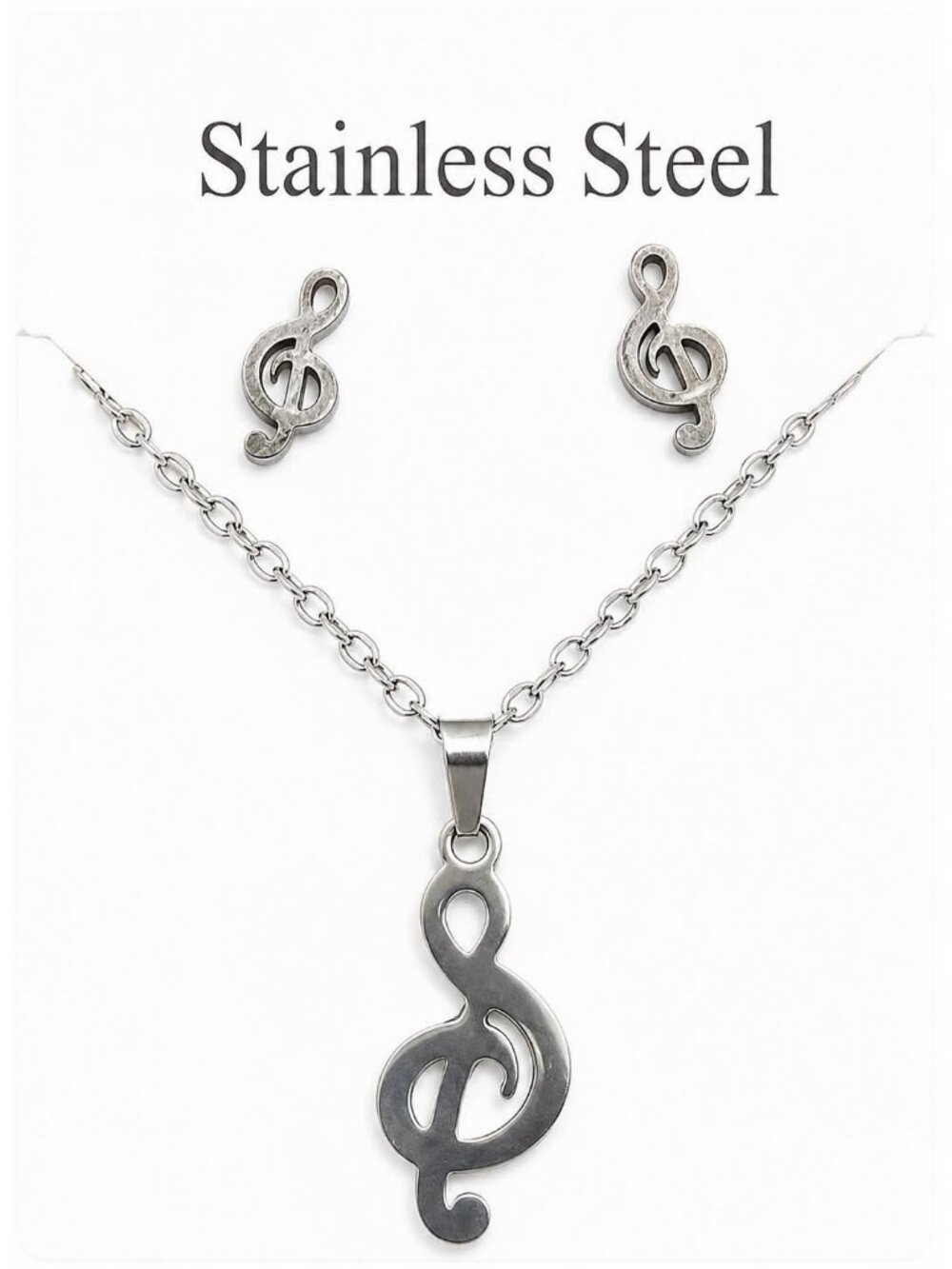 Stainless Steel Treble Clef Music Note Necklace and Stud Earrings Jewelry Set